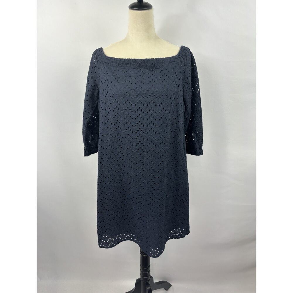 Halogen Off Shoulder Mini Dress Navy Blue Eyelet Medium 3/4 Sleeve Lined Cotton